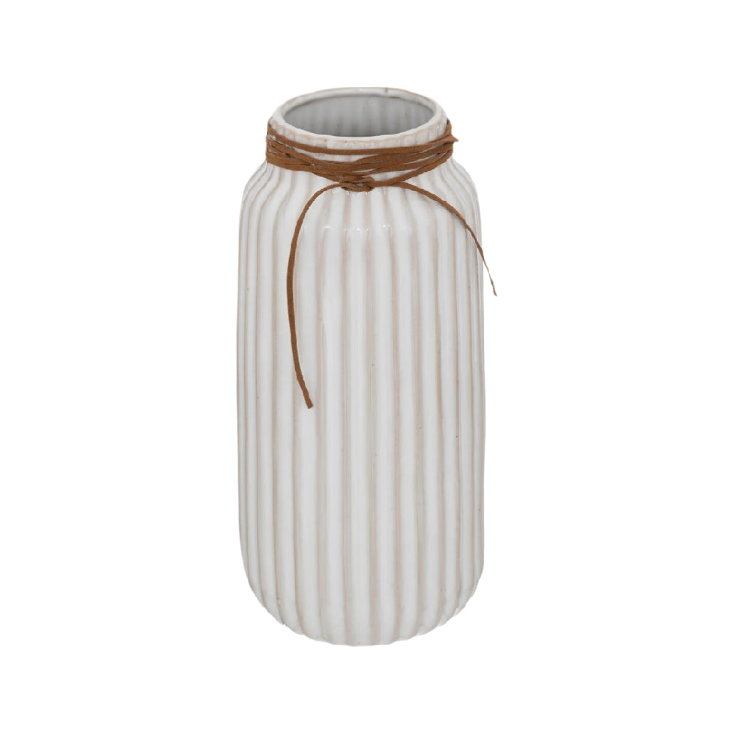 Elegant Ribbed Ceramic Vase with Natural Twine Accent