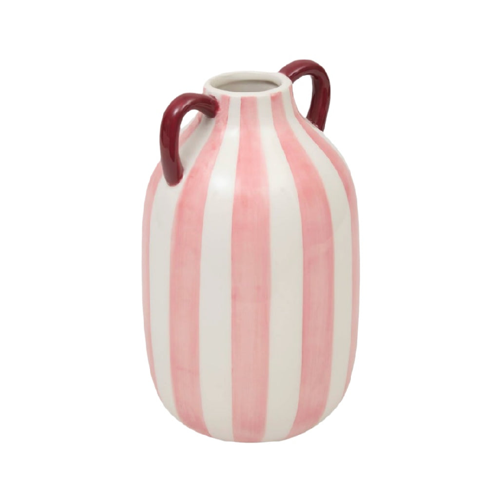 Pink Striped Ceramic Vase with Handles