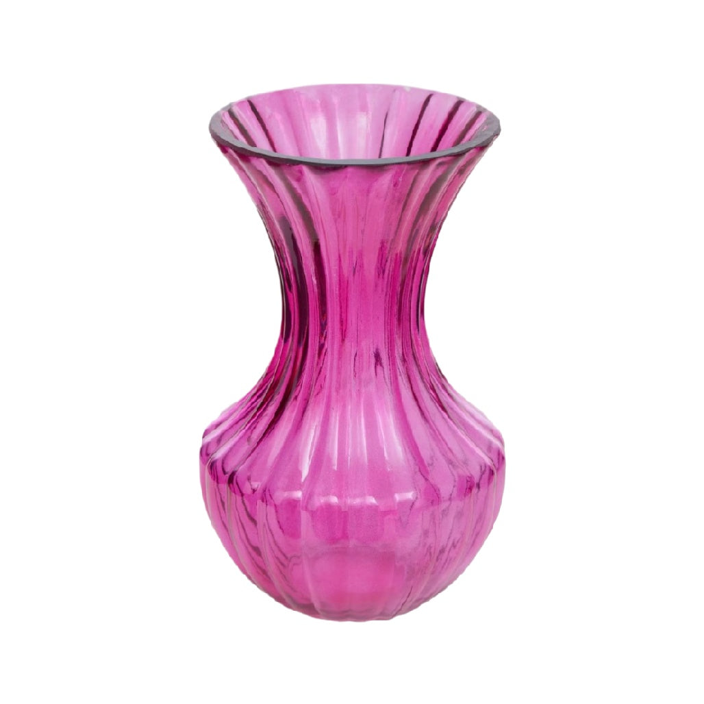 Elegant Pink Ribbed Glass Vase**