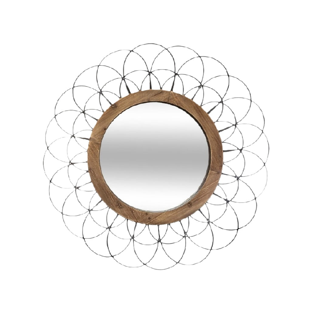 Rustic Round Wall Mirror with Wire Floral Design